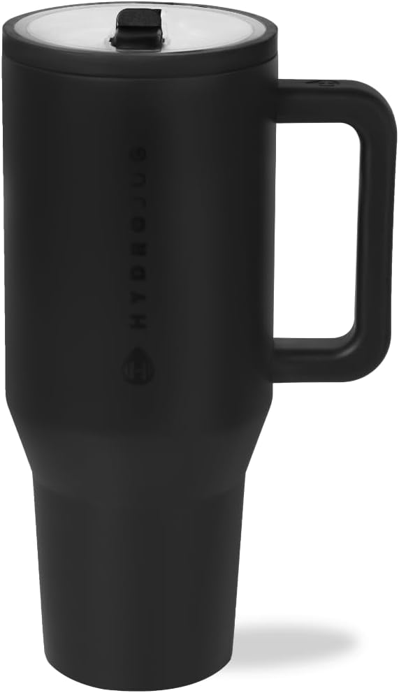 HydroJug Traveler   40 Oz Water Bottle With Handle & Flip Straw   Fits In Cup Holder, Leak Resistant Tumbler Reusable Insulated Stainless Steel & Rubber Base   Gifts For Women & Men, Black
